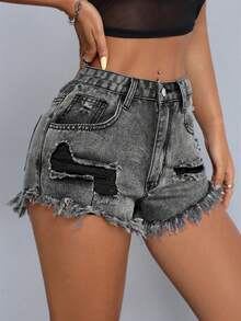 SHEIN PETITE Quần short denim bạc màu, phong cách thường ngày mùa hè. - màu đen - Xem 5