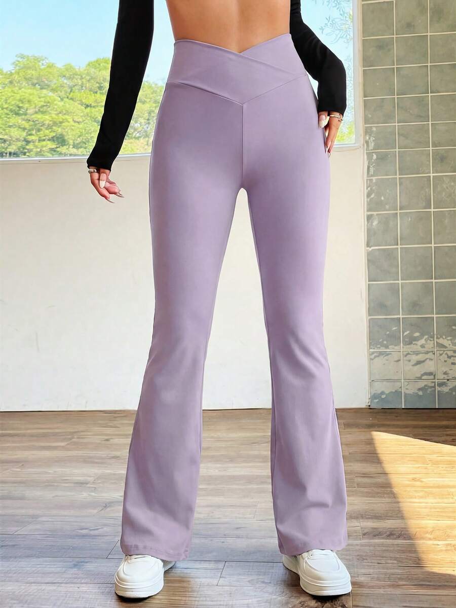 SHEIN EZwear 女士休闲高腰喇叭裤,浅紫色,春夏款 - 淺灰紫 - 查看 1