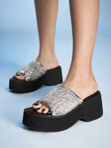 Sugerpunk Women's Silver Hollow-Out Fashion Platform Wedge Slide Sandals Valentine's Day - Silver - View 1