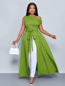 SOLERSUN Áo kiểu nữ cỡ lớn cổ lệch, xẻ đùi, buộc dây phía trước, một vai. - Màu xanh Ô liu - Xem 1