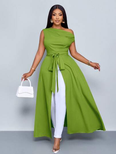 SOLERSUN Women's Plus Size Asymmetrical Neck Blouse Split Thigh Tie Front One Shoulder Shirts