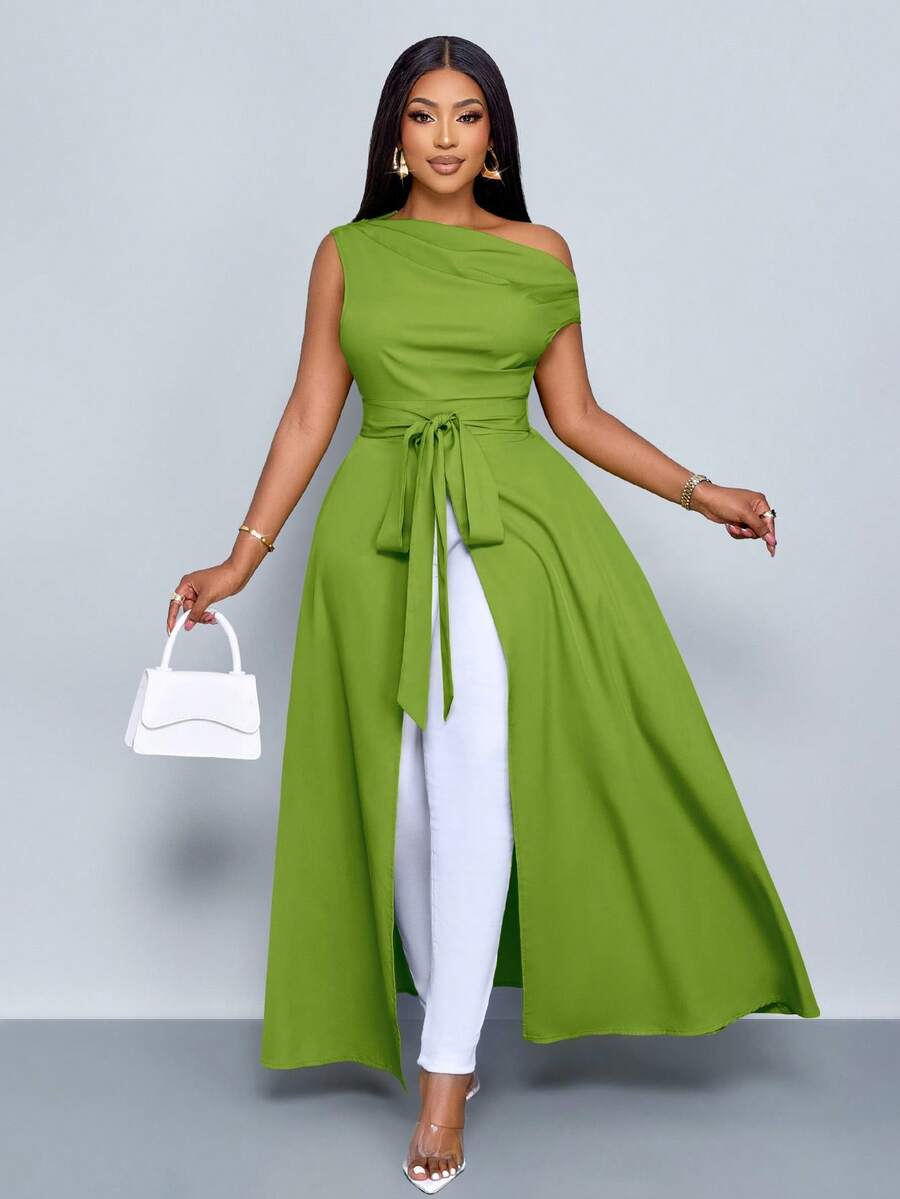 SOLERSUN Áo kiểu nữ cỡ lớn cổ lệch, xẻ đùi, buộc dây phía trước, một vai. - Màu xanh Ô liu - Xem 1