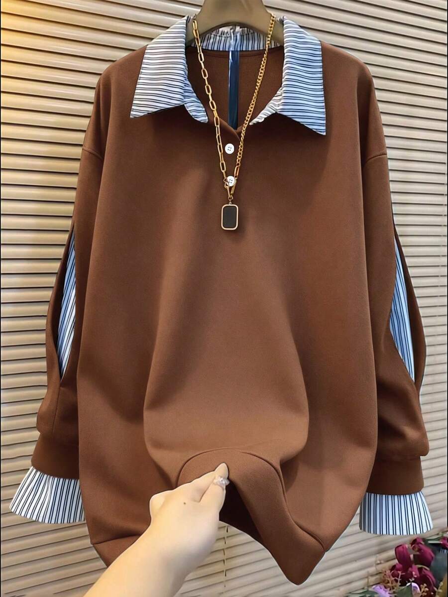 Airaco 女士条纹印花休闲长袖套头卫衣 - 棕色 - 查看 1