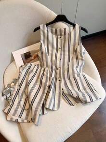 Airaco 女士条纹无袖上衣和短裤套装 - 白色 - 查看 1