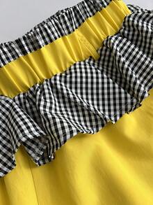 Maweii 大码时尚拼接格纹喇叭裤，黄色，女士休闲宽松长裤，适合日常穿着、街头风、音乐节等场合 - 黃色 - 查看 7