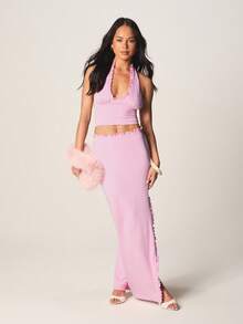 MISSGUIDED Ribbed Ruffle Detail Halter Neck Crop Top With Smocked Back Summer Festival - Pink - View 3