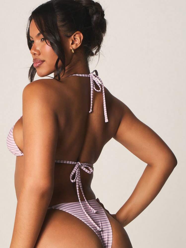 MISSGUIDED Braguitas de bikini a rayas de talle alto con aplicación floral 3D, traje de baño de verano para vacaciones en la playa y la piscina