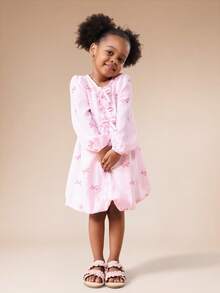 SUMWON Girls Long Sleeve Pink Striped Bow Print A-Line Mini Dress With Elastic Waist And Puff Sleeves Festive Occasionwear For Casual And Vacation - Pink - View 4