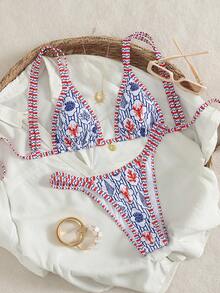 Swim Vcay 2pcs/Set New Random Print Adjustable Strap Sexy & Elegant Bikini Swimwear Set, Suitable For Beach, Pool Party, Summer Vacation - Multicolor - View 6