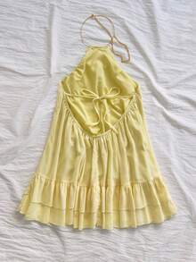 Soleia Women's Chiffon Elegant Cream Yellow Spaghetti Strap Mini Dress, Women's Date Dress, Women's Night Out Dress, Women's Summer Dress, Women's Honeymoon Set, Women's Wedding Guest Dress, Island Vacation Set, Women's Wedding Guest Dress, Women's Sundress, Women's Elegant Party Dress, Women's Birthday Dress - Light Yellow - View 2