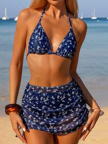 Swim Vcay Bộ 3 món bikini nữ họa tiết hoa nhí ngẫu nhiên, áo hai dây cúp ngực tam giác và chân váy lưới buộc dây bên hông, thích hợp cho kỳ nghỉ hè ở bãi biển. - Nhiều màu - Xem 5