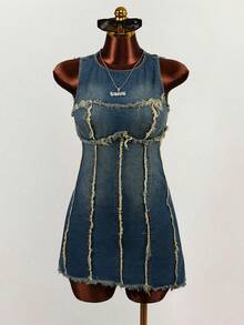 Mistrie Women's Casual Fashion Street Chic Daily Commute Frayed Washed Sleeveless Denim Dress, Summer - Blue - View 1