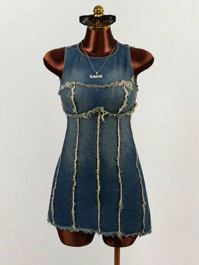 Mistrie Women's Casual Fashion Street Chic Daily Commute Frayed Washed Sleeveless Denim Dress, Summer