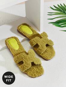 SHUZIA 女士大码时尚简约休闲毛绒家居拖鞋 夏季鞋 春季鞋 春假 复活节 母亲节礼物 宽楦 - 墨綠色 - 查看 6