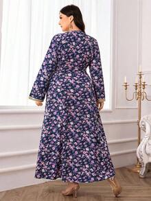 Al Najma 大码女式V领亮片拼接花卉印花优雅长袖阿拉伯风长裙 - 藏蓝色 - 查看 2