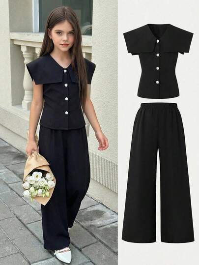 SHEIN Gentle And Elegant Style - Sleeveless Navy-Style Collar Belted Top With Pearl Buttons + Comfortable Loose Wide-Leg Pants, A Fashionable And Versatile Two Pieces Set For Big Girls! Elegant Sleeveless Top And Pants Ensemble That Enhances The Charm Of Little Girls.