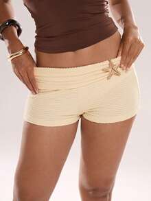 Avantive 黄色纹理舒适短裤，金属装饰，女士纯色纹理面料休闲修身短裤，夏季女装，节日沙滩装，休闲度假装，假日休闲装，沙滩装/夏季度假装，日常休闲装/返校装/外出装/条纹装/沙滩女式短裤，夏季女式夏季服装，女士休闲短裤，女士沙滩裤，女士沙滩装 - 杏色 - 查看 4