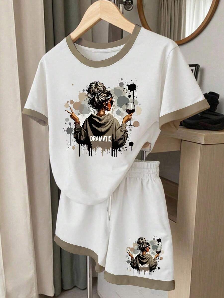 Resyla 2件套“戏剧性”讽刺标语趣味印花女式休闲套装，适合日常穿着 - 白色 - 查看 1