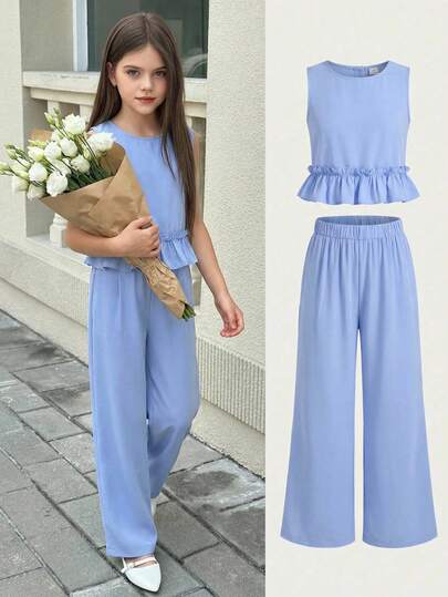 SHEIN 2pcs/Set Girls Elegant Vacation Style Camisole Set, Solid Color Ruffle Collar Top And Wide Leg Pants Set, Back Strap Design, Suitable For Spring/Summer Travel, Beach