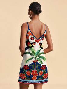 Travachic Casual Vacation Style Tropical Rainforest Geometric Placement Retro Print Colorful Parrot & Hibiscus Tropical Floral Women Casual Retro Printed Mini Dress, Suitable For Spring/Summer - Multicolor - View 2