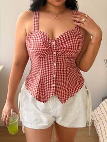 Sunnyshic Summer Fashion New Women Niche Versatile Woven Plaid Single-Breasted V-Neck Camisole Top - Red - View 3