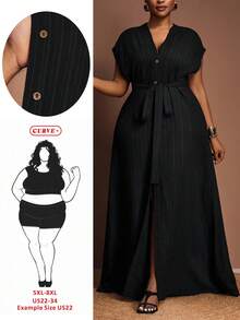 SHEIN CURVE+ 2025秋冬新款百搭日常休闲沙滩优雅大码荷叶边抽绳短袖连衣裙 - 黑色 - 查看 1