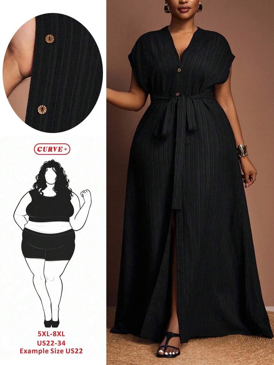 SHEIN CURVE+ 2025秋冬新款百搭日常休闲沙滩优雅大码荷叶边抽绳短袖连衣裙 - 黑色 - 查看 1