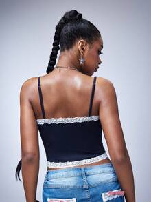 Y2Kool Women's Navy Blue And White Lace-Trimmed Cropped Tank Top Stylish And Versatile, Perfect For Dates And Parties Alike. - Navy Blue - View 2