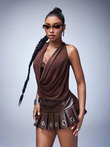 Y2Kool BiGraphic Women's Sexy Hot Girl Y2K Back-To-School Season Valentine's Day Deep V-Neck Retro Plunge Neckline Backless Street Style Halter Neck Women's Tank Top (Includes Strapless Liner) - Brown - View 5