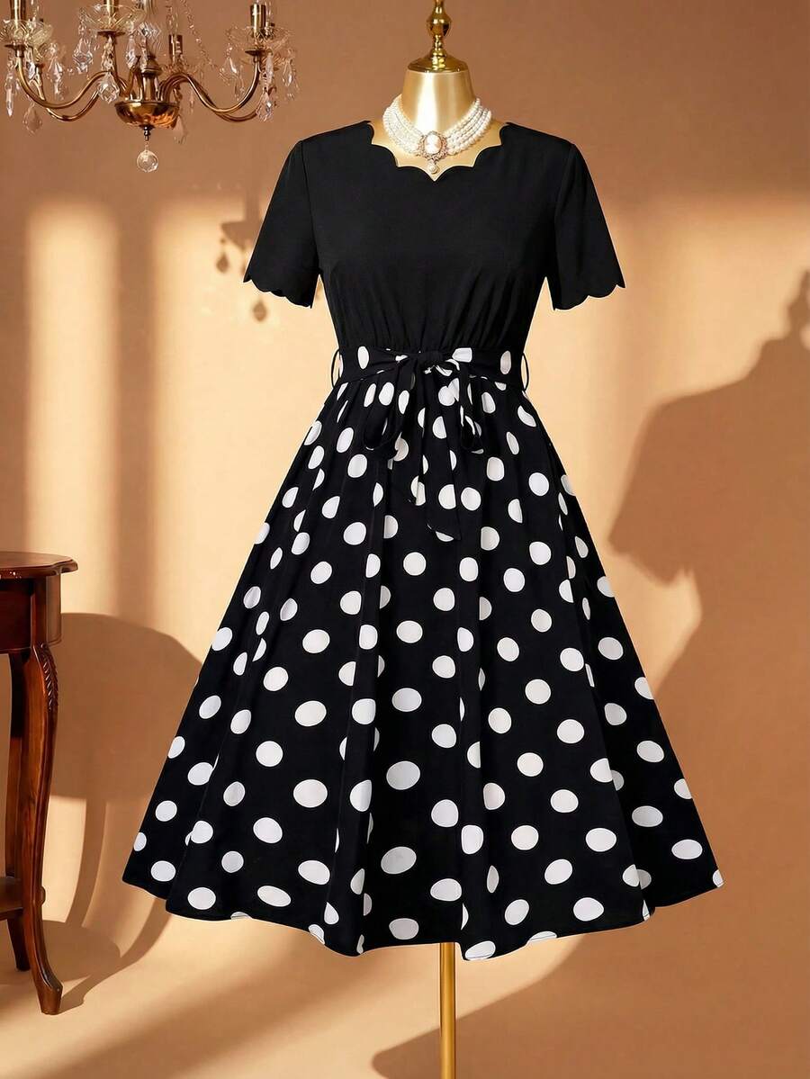 Rometta Plus Polka Dot Scallop Trim Belted Dress Maxi Women Outfit - Black and White - View 1