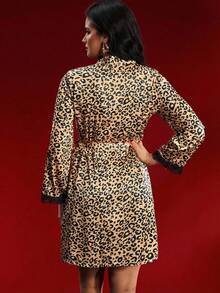 SHEIN 女士优雅豹纹蕾丝边长袍 - 薑色 - 查看 2