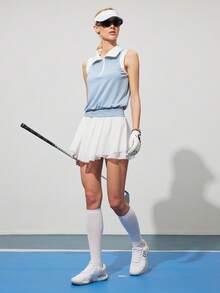 CourtClass Women's Contrast Trim Half Zip Sleeveless Golf Polo Vest, Summer - Blue - View 1