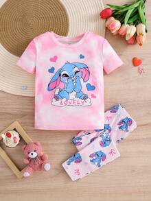 SHEIN 2件套少女针织圆领可爱动物图案休闲T恤和裤子家居服套装 - 淺粉色 - 查看 5