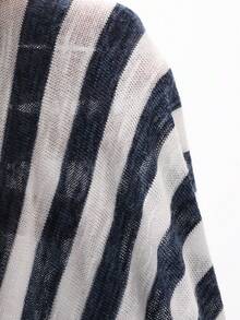 DAZY 撞色条纹宽松圆领长袖轻薄休闲度假上衣T恤，女士，春夏款 - 藏蓝色 - 查看 8