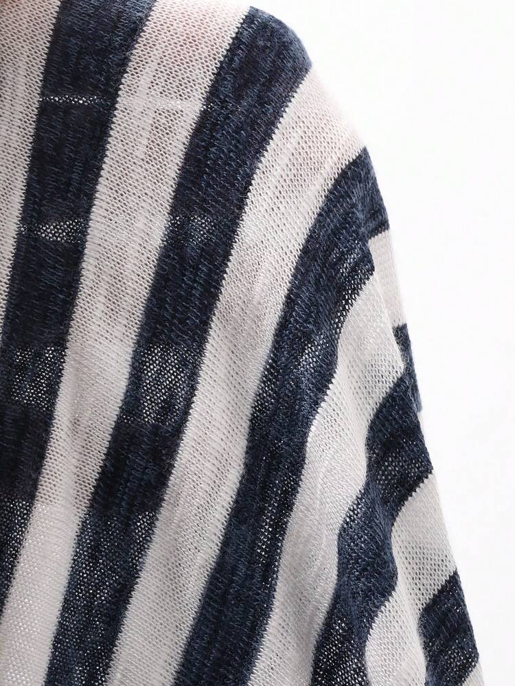 Contrast Stripe Loose Round Neck Long Sleeve Lightweight Casual Vacation Top T-Shirt For Women, Spring/Summer
