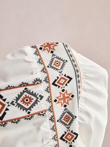 SHEIN LUNE 大码几何印花V领短袖连衣裙，夏季度假 - 白色 - 查看 7