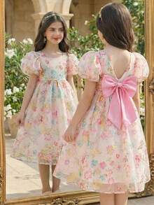 SHEIN Đầm thường ngày tay phồng bằng vải lưới họa tiết hoa nhí cho bé gái - Đỏ - Xem 2