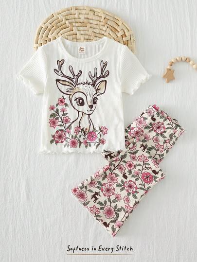 Cozy Pixies 2pcs Young Girl Cartoon Animal Print Knit Soft Round Neck Short Sleeve Top And Elastic Waist Pants Set Toddler Girls Two Piece Set Deer Print Short Sleeve Floral Print Pants Young Girls Clothing Sets Kids Clothes Girls Two Piece Sets