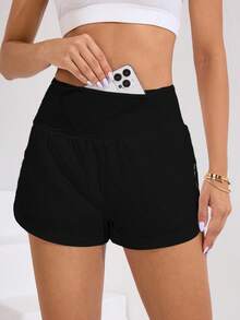 Velisys Velisys Solid Color High Waist Asymmetric Hem Sports Shorts, Spring/Summer - Multicolor - View 8