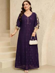 Al Najma Đầm maxi Thổ Nhĩ Kỳ thanh lịch cổ trái tim thêu hoa dành cho nữ cỡ lớn & Áo Abaya truyền thống Ả Rập - Màu tím - Xem 3