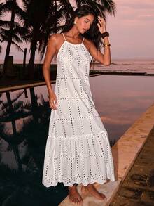 Swim Chiccia 26SS 白色露背网纱刺绣提花连衣裙，优雅精致，适合海滩度假和春夏穿着 - 白色 - 查看 4