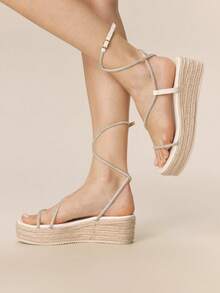 Styleloop Ladies Fashion Solid Color Woven Casual Platform Wedge Sandals, Rhinestones Decorated Bohemian Vacation Vintage Vespa Canvas Wedge Heel Ankle Strap Sandals, Spring Summer Shoes Spring Break Easter Summer Shoes - White 3 - View 3