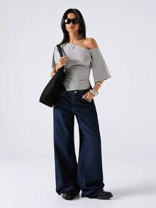 LYSMO 2026 新款极简主义春季/新款女士纯色不对称领口褶皱修身时尚T恤，夏季 - 灰色 - 查看 5