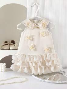 SHEIN Baby Girl Cute & Elegant Butterfly Organza Ruffle Floral Collar Dress - Apricot - View 6
