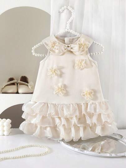 SHEIN Baby Girl Cute & Elegant Butterfly Organza Ruffle Floral Collar Dress