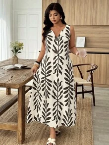 Weeklong Đầm chữ A mini cổ chữ V dáng rộng, họa tiết lá cây, đính cúc, dành cho nữ cỡ lớn, thích hợp mặc hàng ngày và đi nghỉ mát, mùa xuân/hè. - Nhiều màu - Xem 1