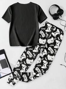 1set Tween Boys Video Game Allover Print Knit Snug Fit Short Sleeve Top And Pants Pajama Set - Black - View 2