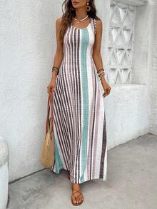 Breezaya Women's Casual Striped Round Neck Sleeveless Dress, Suitable For Vacation - Aqua Blue - View 4