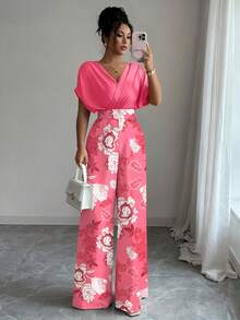 Elenzga Bộ jumpsuit dài in họa tiết, cổ chữ V, dáng rộng, xếp ly, eo, dành cho nữ. - Hồng - Xem 6