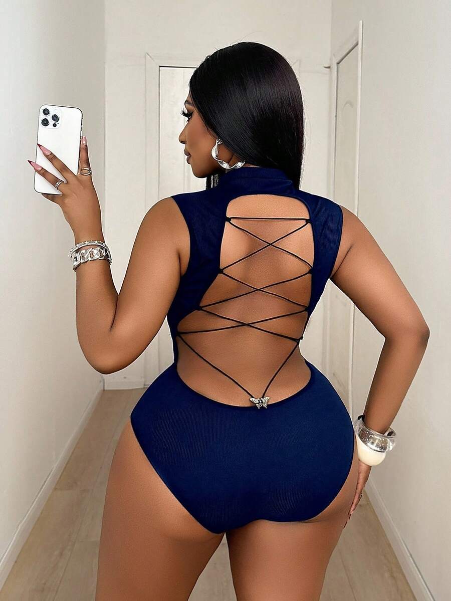 Maweii Sexy Backless Criss-Cross Strap Butterfly Metal Decor Plus Size Sleeveless Bodysuit - Navy Blue - View 1